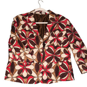 REQ Blazer Jacket Womens XL Brown Red Artsy Abstract Floral Linen Blend Boho